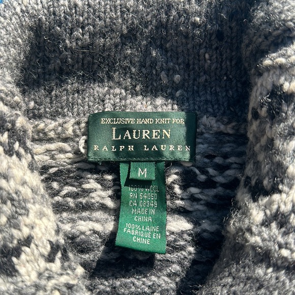 Lauren Ralph Lauren exclusive hand knit wool shawl collar sweater grey/white M - Picture 4 of 6